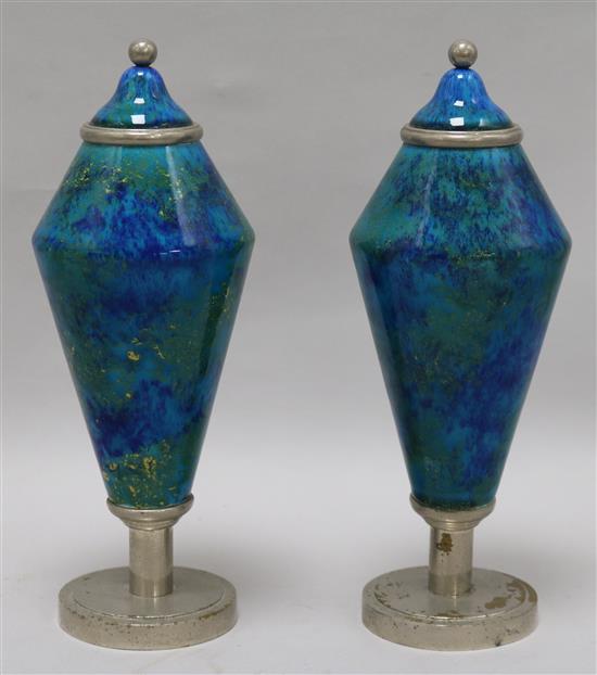 A pair of Paul Milet Sevres Art Deco pottery and chrome electroplate mounted vases and integral covers, c.1930, 25cm.